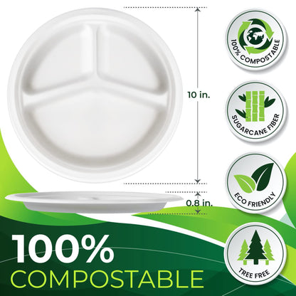 BIRCHIO 150-Piece 100% Compostable 10in Paper Plates, 3-Compartment Heavy Duty Disposable Eco-Friendly Biodegradable Sugarcane Fiber Plates