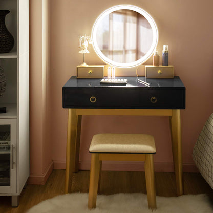 FANTASK Vanity Table Set, LED Lighted Makeup Table w/ 3 Color Round Lighting Mirror Touch Screen 4 Drawers, Makeup Dressing Table w/Cushioned Stool for Bedroom (Black)