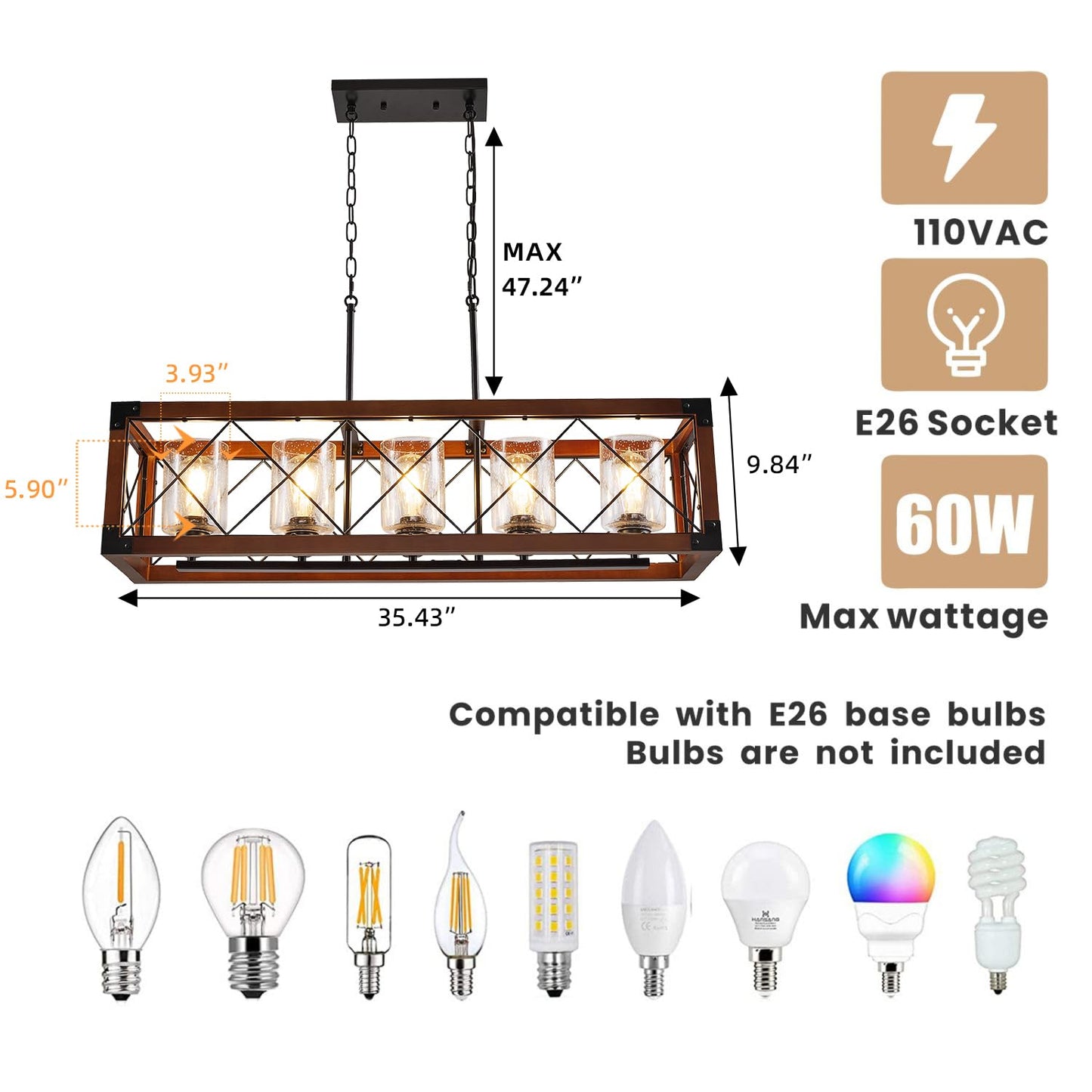 WJShome 35" Farmhouse Chandelier, 5-Light Kitchen Island Lighting, Modern Rectangular Dining Room Light Fixture, Rustic Wooden Chandeliers, Linear Pendant Light, with Clean Glass Shade