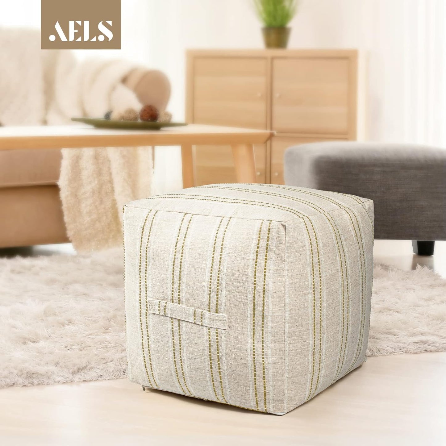 18"x18"x18", AELS Unstuffed Farmhouse Pouf Cover for Living Room, Boho Storage Bean Bag Cubes, Beige with Brown Stitch