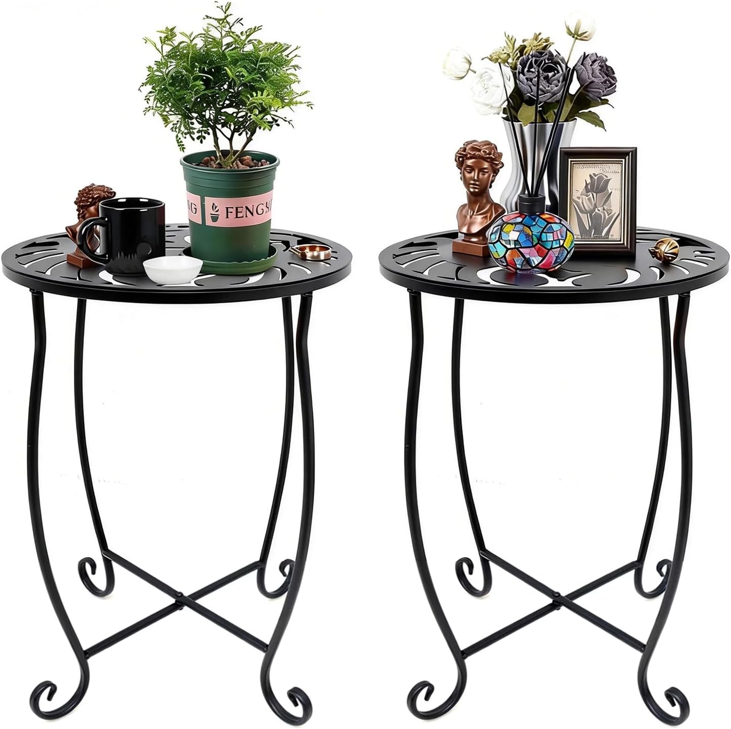 Kaesithar 2 Pack, 15" Outdoor Side Tables Height Tool-Free Metal Patio End Table with Monstera Pattern, Compact Space