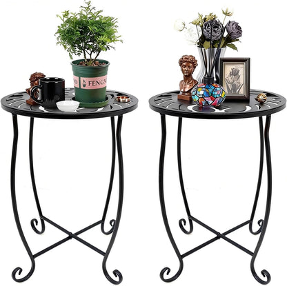 Kaesithar 2 Pack, 15" Outdoor Side Tables Height Tool-Free Metal Patio End Table with Monstera Pattern, Compact Space