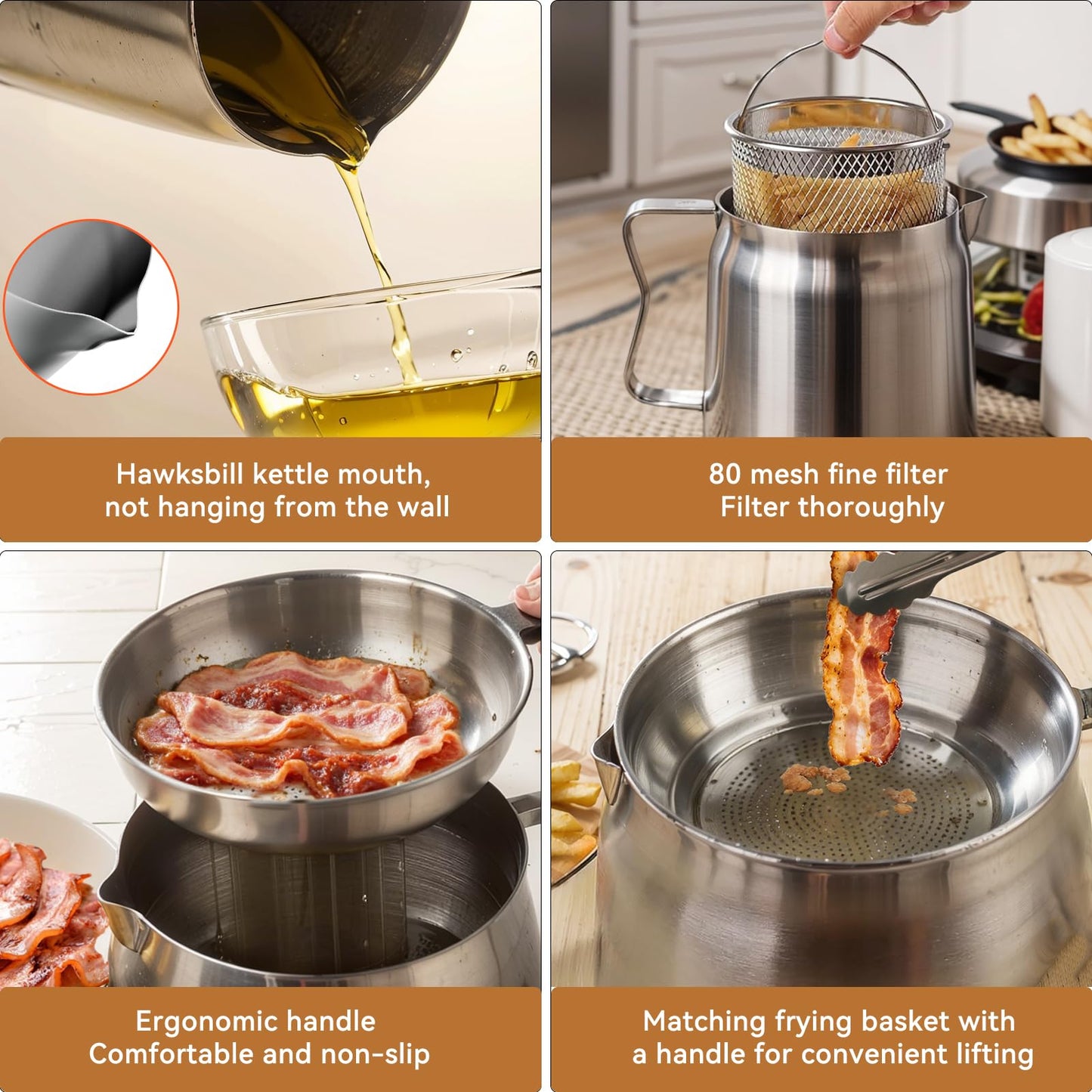 6 PCS 2L Oil Filter Pot Bacon Grease Saver with Strainer,68oz Large Capacity Fryer Pot with Basket,Cooking Thermometer & 50 Wax Papers,Stainless Steel Fryer for Kitchen Camping
