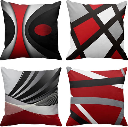 Emvency Set of 4 Throw Pillow Covers, Modern Abstract Red Stripes Gray Black White, 22x22 Inches Decorative Pillowcases