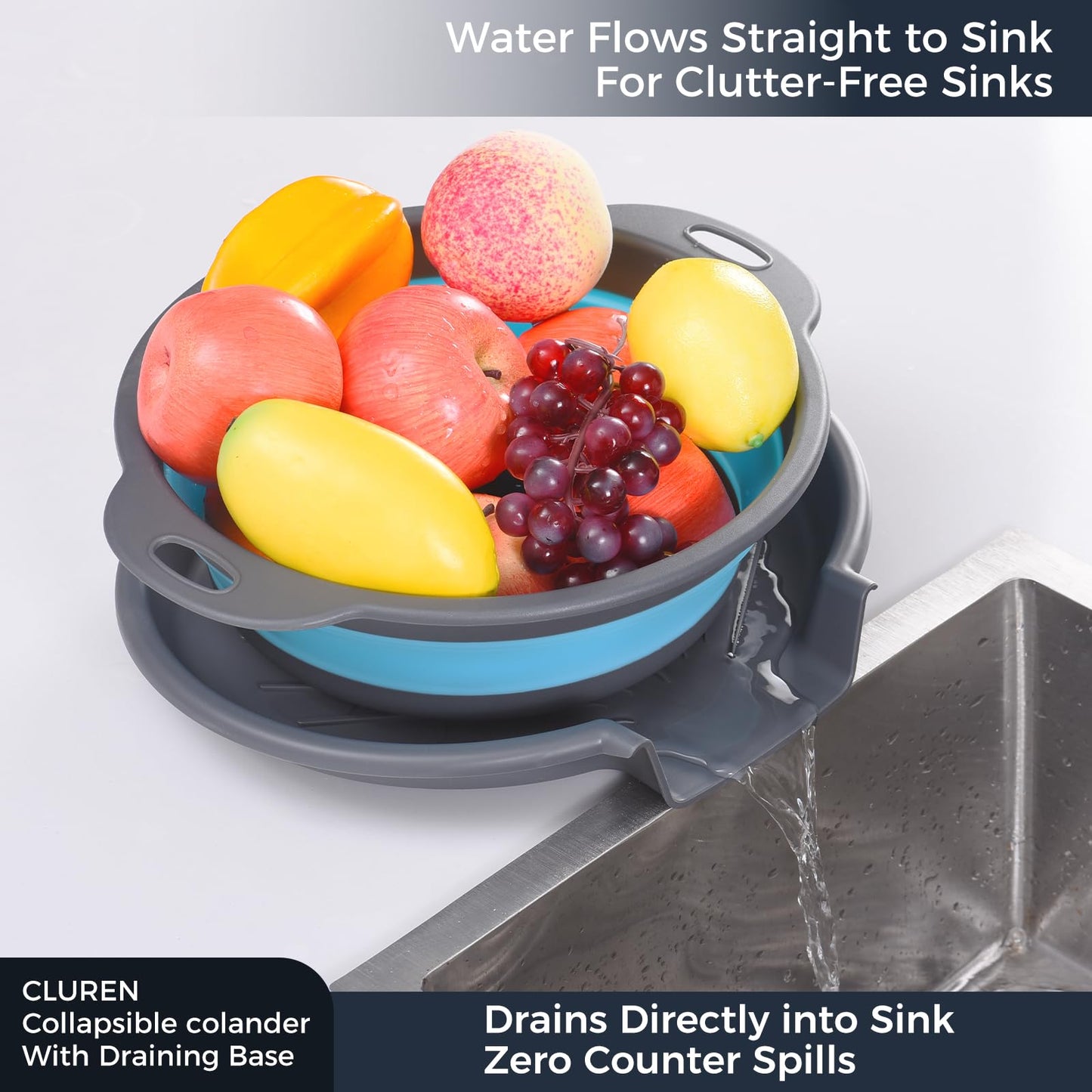 Cluren Collapsible Colander Set with Oversized Draining Tray | 3-Pack Foldable Kitchen Strainers + Base | Space Saving for Pasta, Veggies, Fruit & Rice | 5 Colors (Gray-Blue)