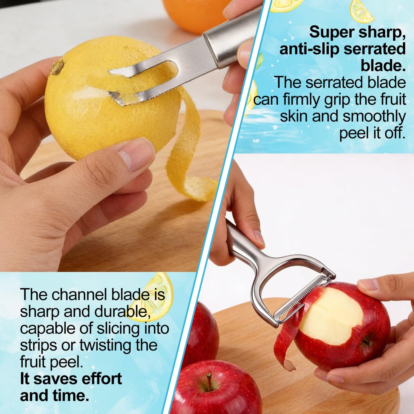 Lemon Zester & Vegetable Peeler Set, Stainless Steel Fruit Kitchen Peeler Grater Tool Practical Handheld Zester for Bar Cocktail Garnishes Culinary Citrus Food Peel Kitchen Use