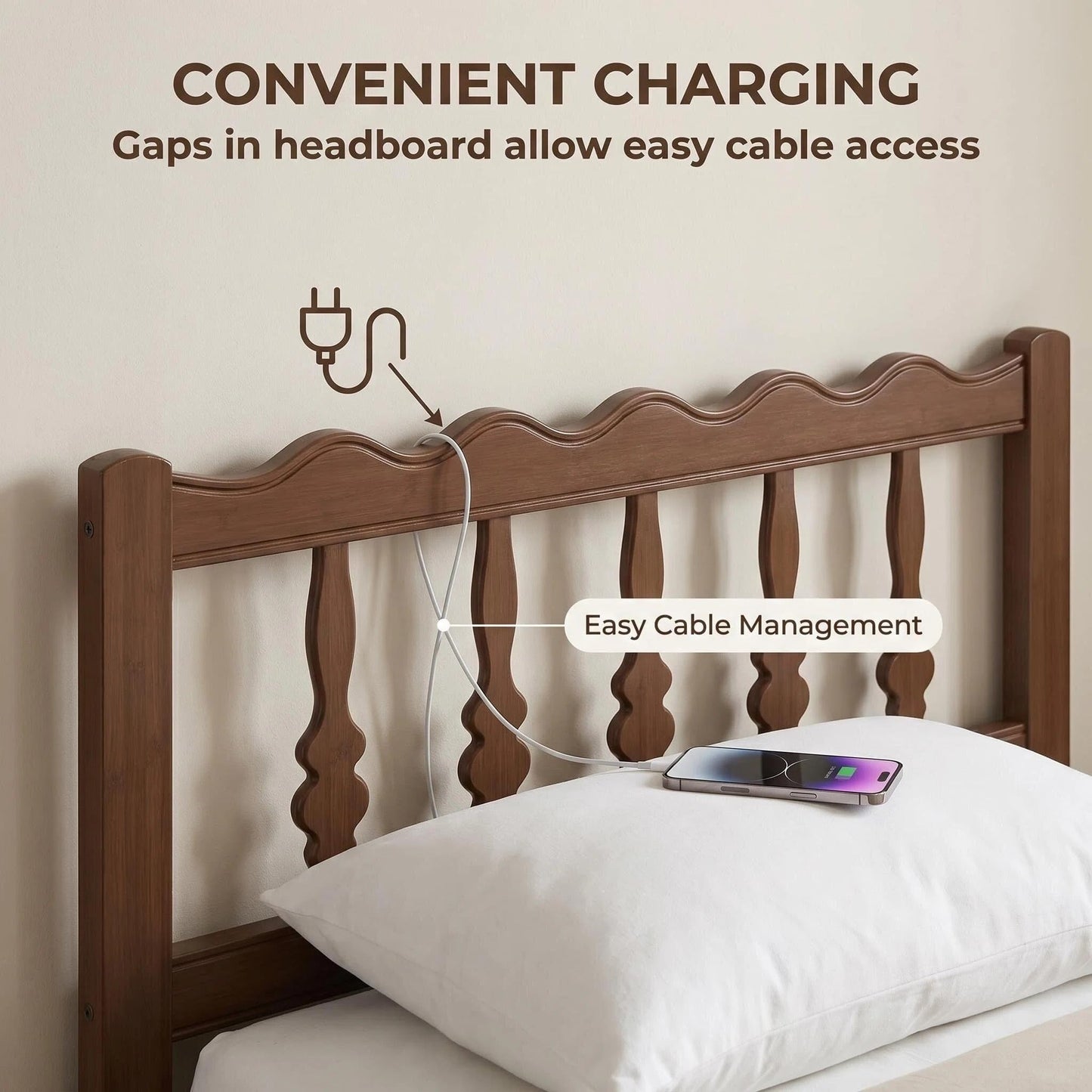 Bednowitz 14 Inch Twin Bamboo Bed Frame with Mid-Century Wavy Headboard, Heavy Duty Solid Wood Platform Bed with Metal Slats, Noise-Free, Easy Assembly, Walnut Finish