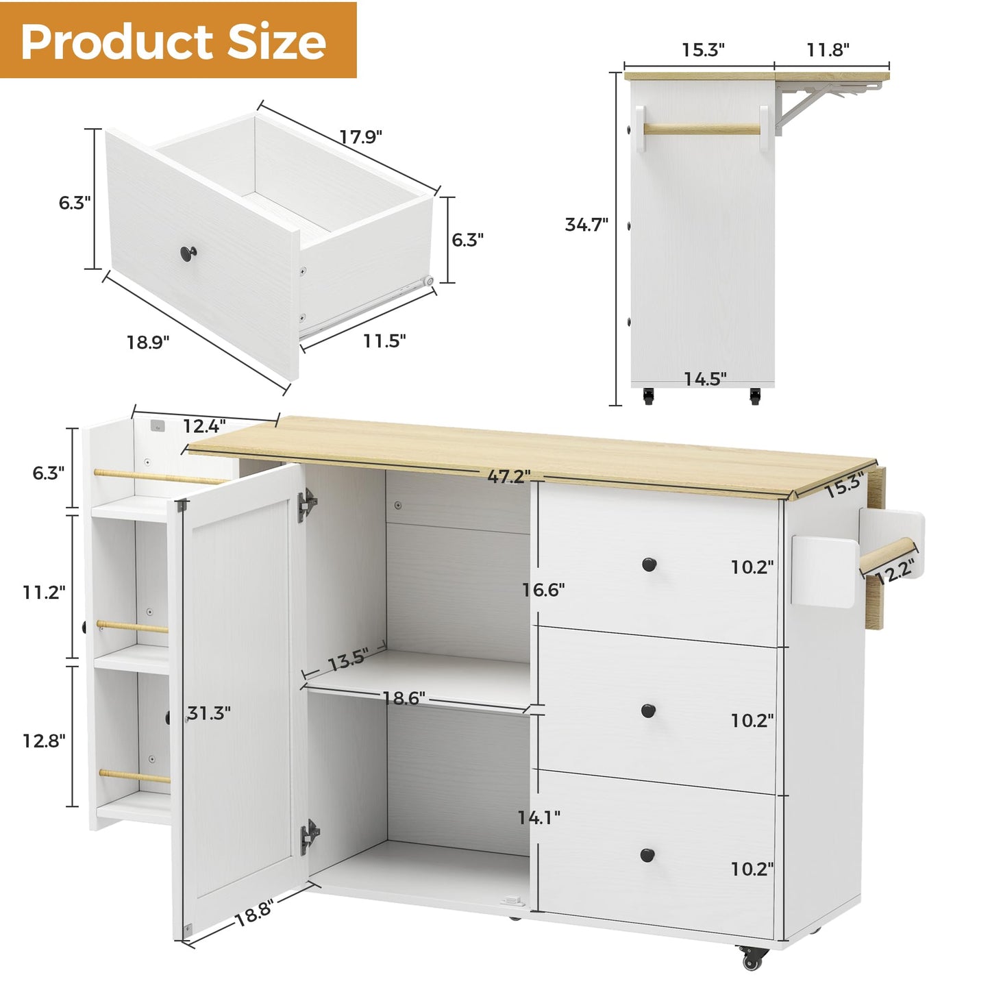 IRONCK Kitchen Island with Storage, 47.2in Rolling Island on Wheels, Kitchen Cart with Drop Leaf, 3 Spacious Drawers, Storage Cabinets and Towel Rack for Home, Dining Room