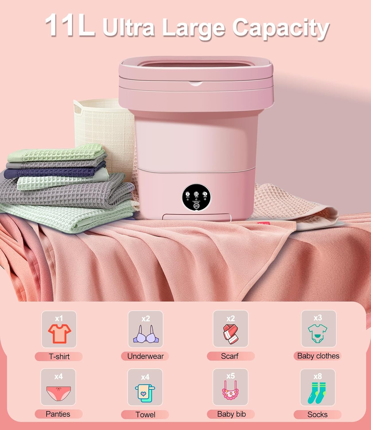 Mini Washing Machine 11L, Portable Washer with 3 Modes for Deep Cleaning Underwear, Baby Clothes, or Socks (Pink)