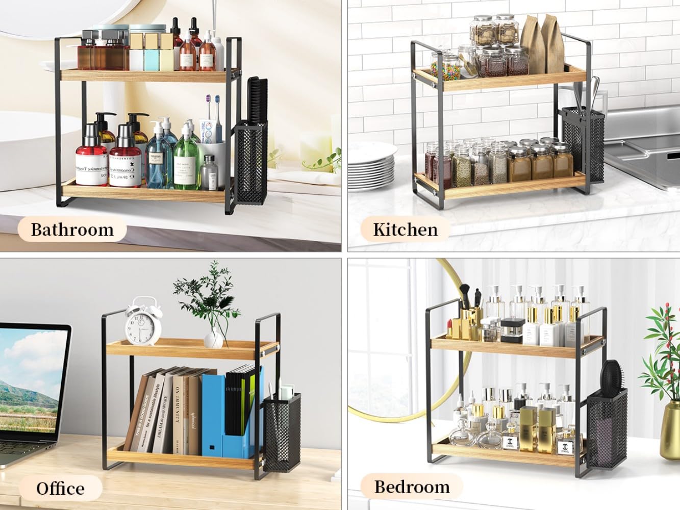 LEMIKKLE 2-Tier Wood Bathroom Counter Organizer with Basket,Waterproof Vanity Perfume Skincare Storage for Bathroom, Kitchen, Dresser