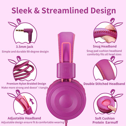 POWMEE M1 Kids Headphones Wired Headphone for Kids,Foldable Adjustable Stereo Tangle-Free,3.5MM Jack Wire Cord On-Ear Headphone for Children (Purple)
