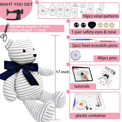 Topapfo Large 17 Inch Memory Bear Patterns for Sewing, Beginner Friendly Teddy Bear Templates with Detailed Instruction, Safety Eyes Noses Pins (17 Inch)