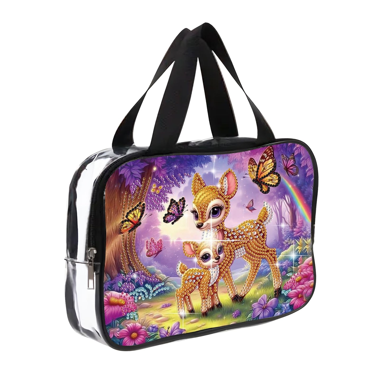 DIY diamond painting makeup bag kit, forest deer pattern sequined makeup storage bag with zipper, portable travel toiletries bag, as a handmade creative gift