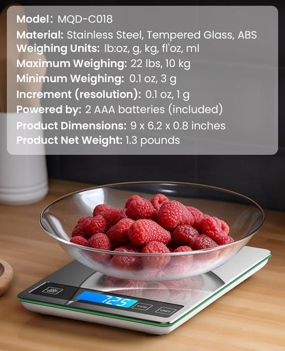 Nicewell Food Scale, 22lb Digital Kitchen Scale Weight Grams and oz for Cooking Baking, 1g/0.1oz Precise Graduation, Stainless Steel and Tempered Glass