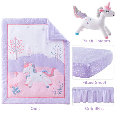 TCOYIWL 4-Piece Crib Bedding Set for Baby Boys Girls, Infant Toddler Nursery Baby Bedding Sets Includes Cartoon Quilt, Fitted Crib Sheet, Crib Skirt and Plush Unicorn Toy