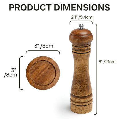 M JINGMEI Wood Salt and Pepper Grinder, Salt Grinder and Pepper Mill, Oak Wood Shakers with Adjustable Ceramic Grinders (8″ - 1 Pack with Tray)