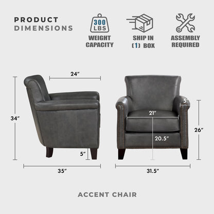 Lexicon 100% Top Grain Genuine Leather Chair, Leather Accent Chairs for Living Room, Solid Wood Frame, Rolled Armrest & Nailhead Trim, Comfy Reading for Bedroom, Office, Waiting Room, Classic Gray