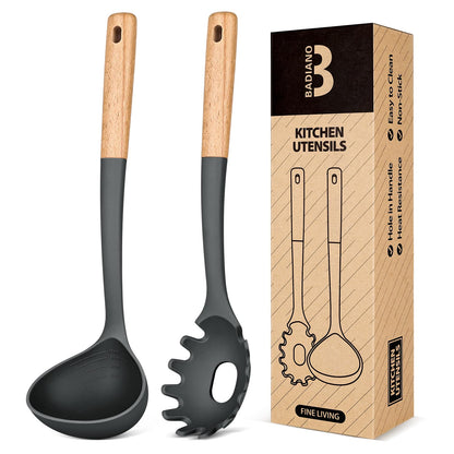 Pasta Fork and Ladle Set, Perfect for Serving Hot Soup, Stirring, and Sauce Pasta, BPA-Free Matte Silicone, Wood Handle Spaghetti Spoon for Nonstick Cooking Surfaces (Grey)