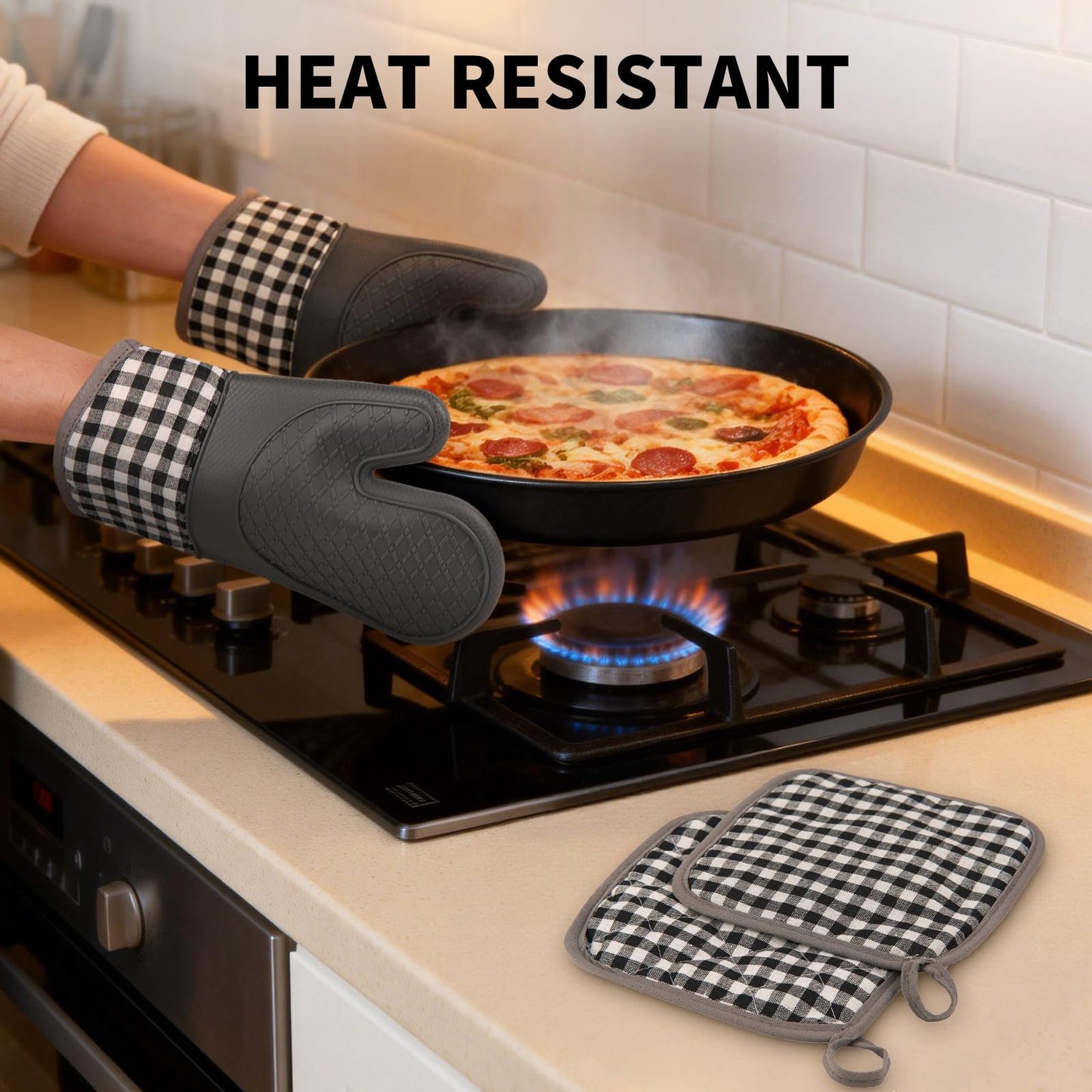 Tifanso Plaid Oven Mitts and Pot Holders 4-Piece Set, Oven Mitts Gloves Heat Resistant with Non-Slip Silicone Surface for Cooking Baking Grilling, Cotton Pot Holders Pads for Kitchen Cooking (Grey)