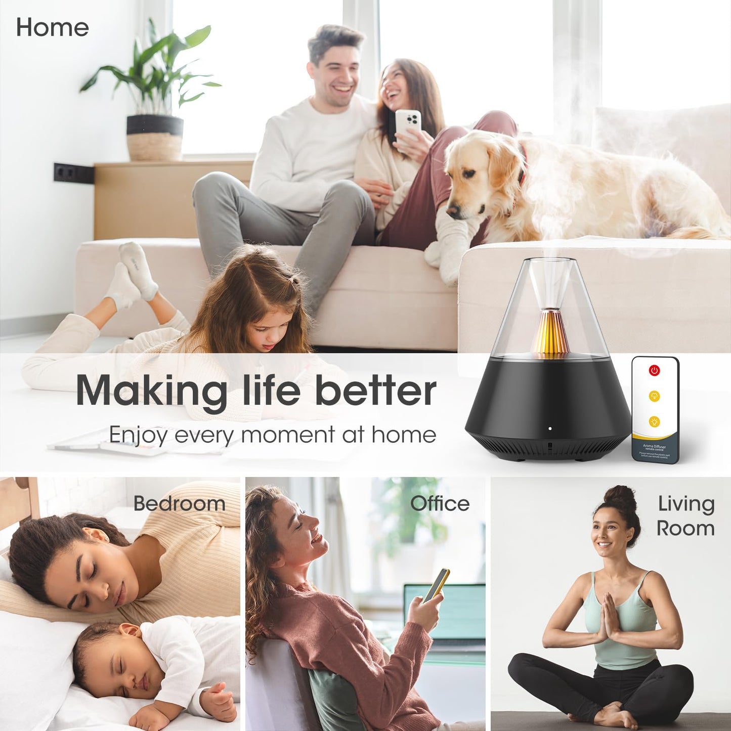 Essential Oil Diffuser, Modern Style Aromatherapy Aroma Diffusers with Candle Light, Fragrance Ultrasonic Cool Mist Humidifier, Remote Control, Auto Shut-Off, for Home Living Room Office