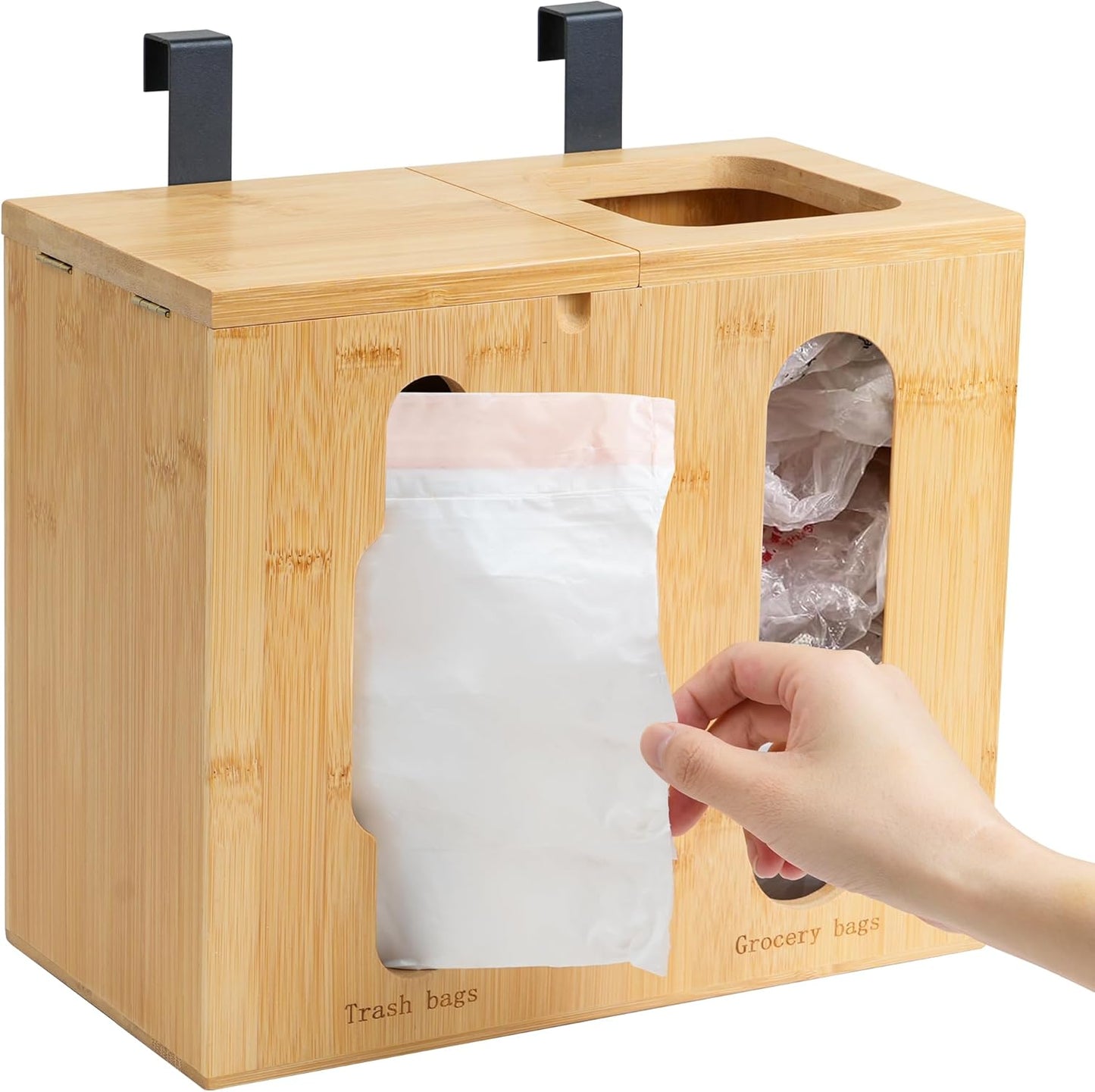 2 1 Trash Bag Dispenser & Grocery Bag Organizer, in Bamboo Garbage Bags Storage Box for Cabinet Door, Under Sink