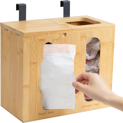 2 1 Trash Bag Dispenser & Grocery Bag Organizer, in Bamboo Garbage Bags Storage Box for Cabinet Door, Under Sink