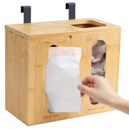 Bambition Trash Bag Dispenser & Grocery Bag Organizer, 2 in 1 Bamboo Garbage Bags Storage Box for Cabinet Door or Wall Mount