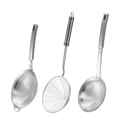 Suwimut 3 Pieces Spider Strainer Skimmer Spoon Set, Fine Mesh Stainless Steel Sieve Food Strainers, Large Hole Slotted Colander Frying Spoons, Strainer Ladle Wire Skimmer Spoon with Handle for Kitchen