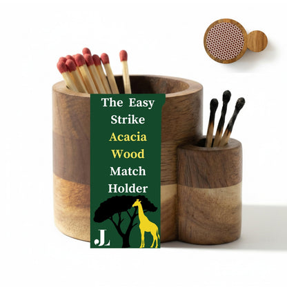 The Easy Strike Acacia Wood Match Holder with Striker & Extra Striker Pad - 3.25" x 2" Decorative Matchstick Organizer for Fireplace, Candles, Home Decor Gift, Matches Not Included (1 Pcs)
