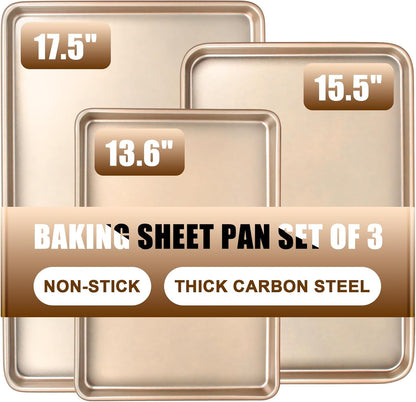 Skiennix Baking Sheet Pan Set - Nonstick Heavy Duty Cookie Sheets | 3 Sizes in Champagne Gold