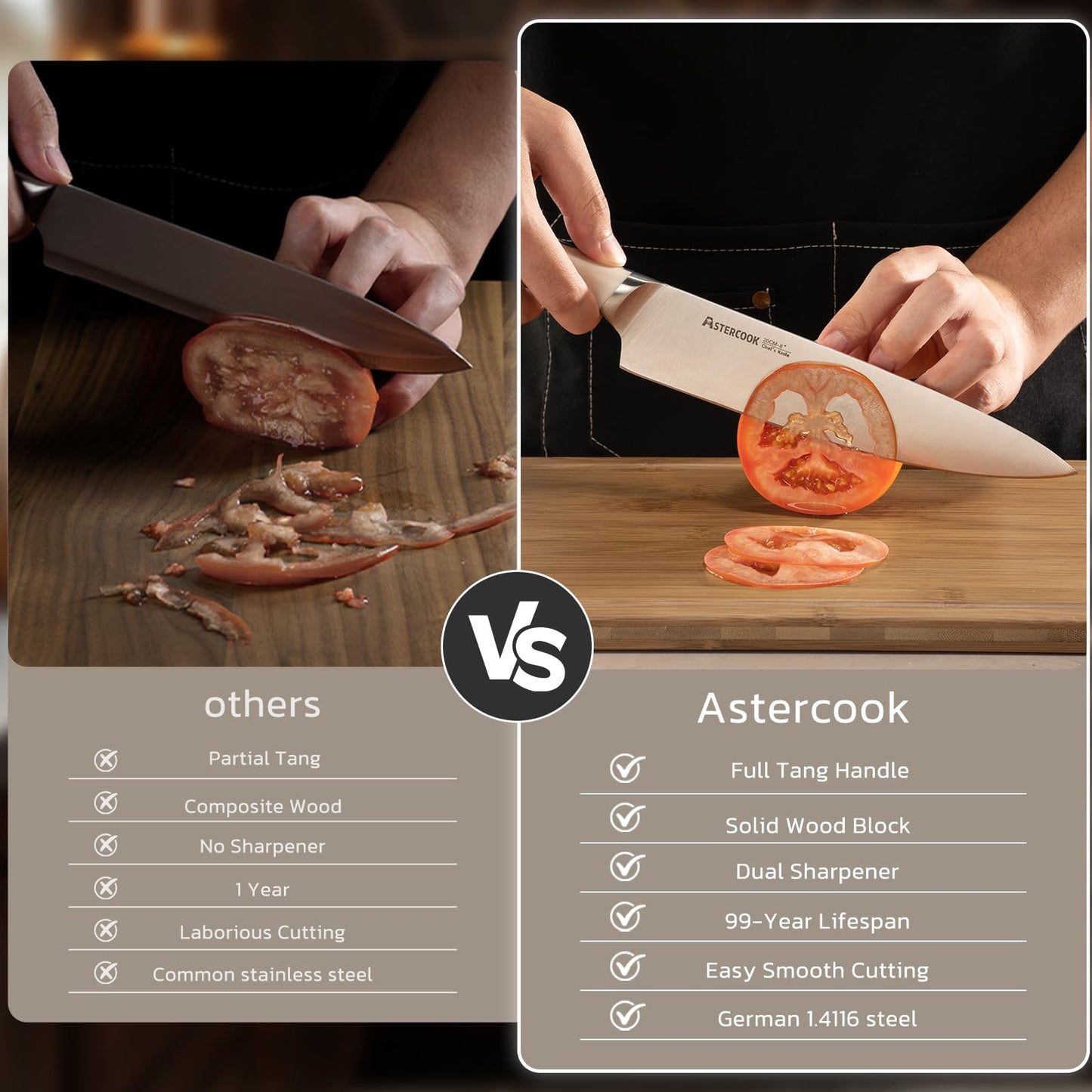 Astercook Knife Set Kitchen with Block and Sharpener Premium Full Tang 17 Pcs German Stainless Steel Knives Dishwasher Safe Kitchen Utensils Set with with and Anti-slip Ergonomic Handle, Cream White