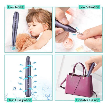 Portable Electric Nail Drill File Machine with Acrylic Nail Kit Set Professional 20000rpm Manicure Pedicure with Sanding Bands Brush for Nail Art Gel Nail Polish Tips Clippers