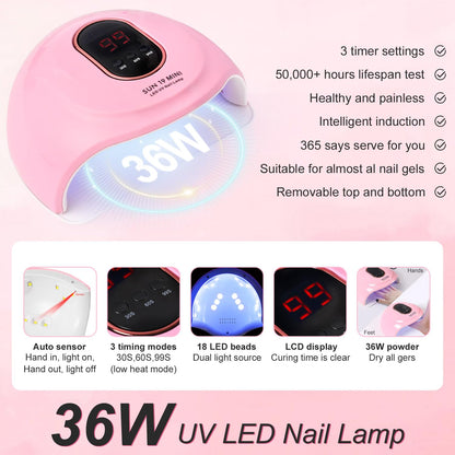Acrylic Nail Kit Starter Set Acrylic Powder with Nail Drill U V Light Professional Tools with Decoration Everything for Beginners Home Salon Gifts (Clear/White/Nude)