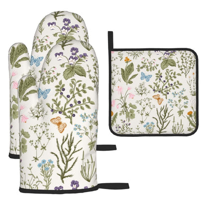 Vintage Floral Oven Mitts and Pot Holders Sets of 3 Cute Botanic Hot Pads Herbs and Wild Flowers Oven Gloves Heat Resistant Washable for Kitchen Cooking Grilling Baking