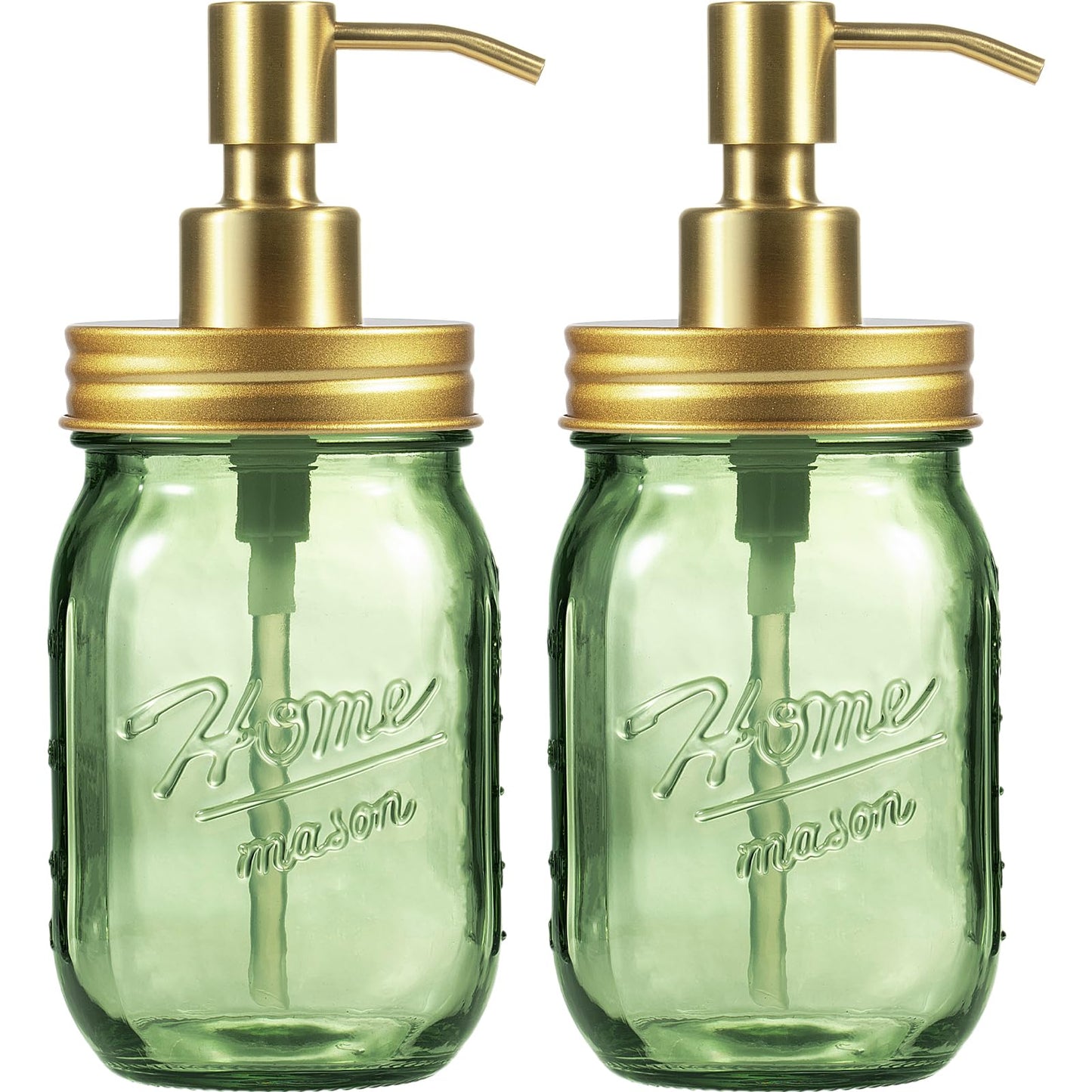 Amolliar Mason Jar Liquid Soap Dispenser, 16OZ Green Glass Hand Soap Holder, Stainless Steel Pump Lid, Refillable Lotion Dispenser, Countertop Bathroom Accessories, Kitchen Dish Soap (2 Pack, Gold)