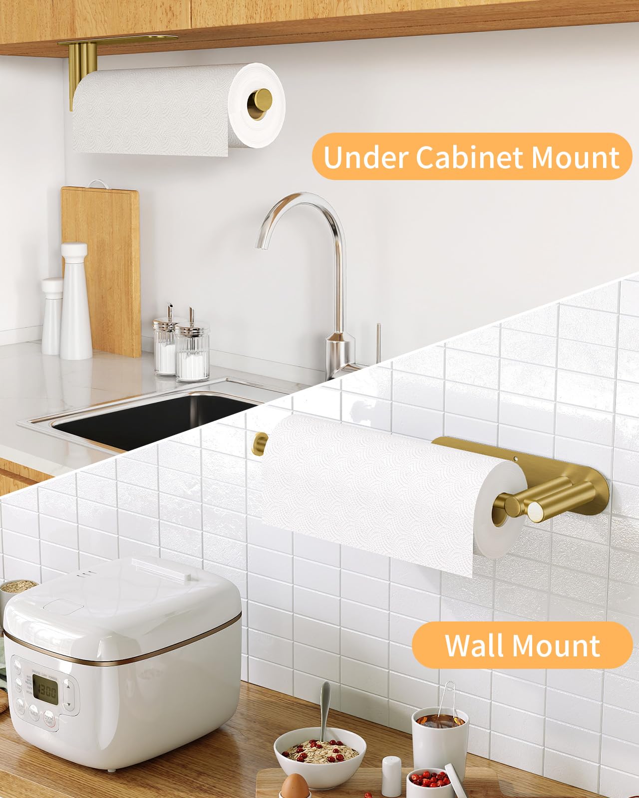 Paper Towel Holder Under Cabinet, 13Inch Self-Adhesive or Wall Paper Towel Holder for Kitchen, Bathroom, RV, Gold