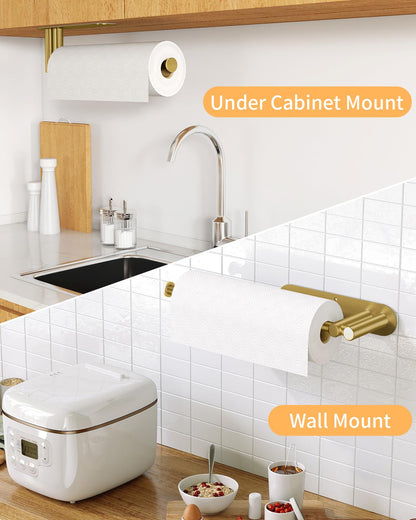 Paper Towel Holder Under Cabinet, 13Inch Self-Adhesive or Wall Paper Towel Holder for Kitchen, Bathroom, RV, Gold