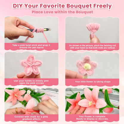 600 PCS Pipe Cleaners Craft, 6 Colors Pipe Cleaner Bulk Flower Kit, Chenille Stems Bulk with Floral Wires, Gardening Tape, Stamen, Wrapping Paper & Ribbon, DIY Art and Craft Supplies - Pink Gradient
