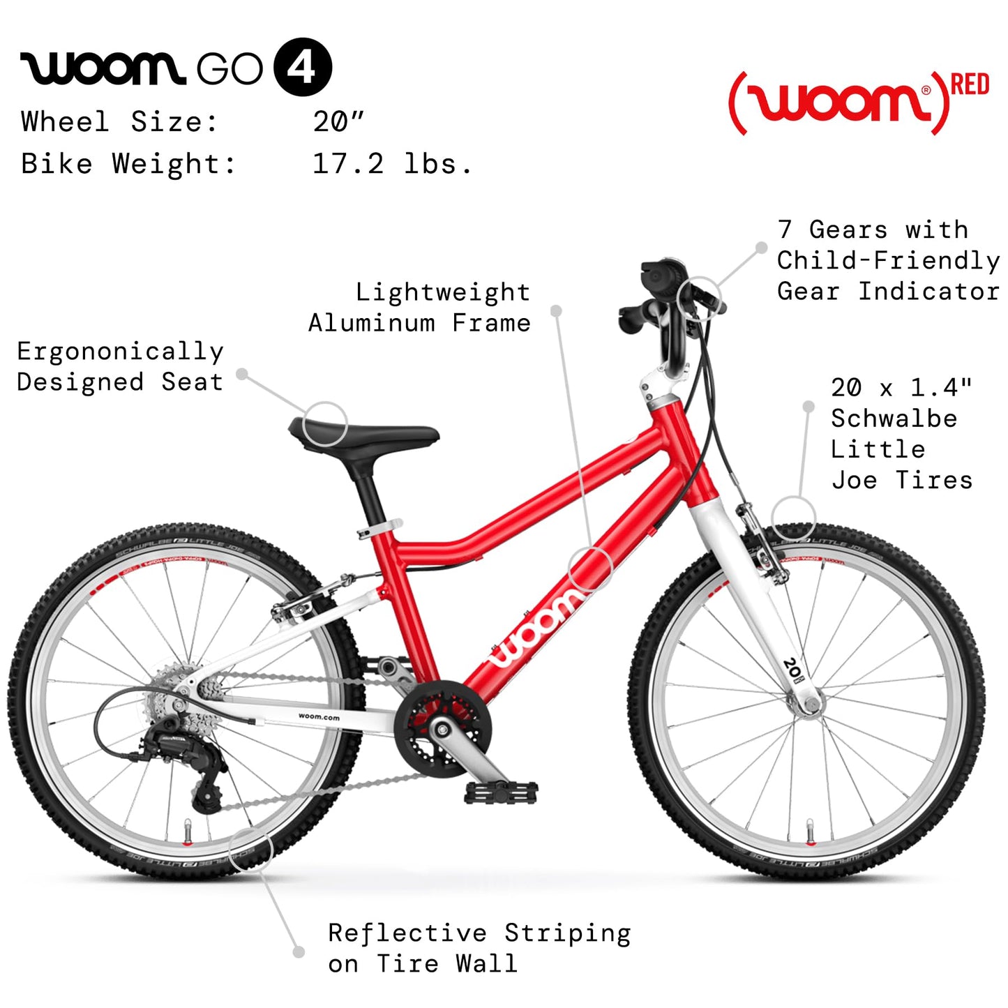 woom GO 4 Bicycle for Kids 6 to 8 Years Old, 20-Inch Lightweight 7-Speed Bike for Beginner Riders with Handbrake for Boys & Girls - Red