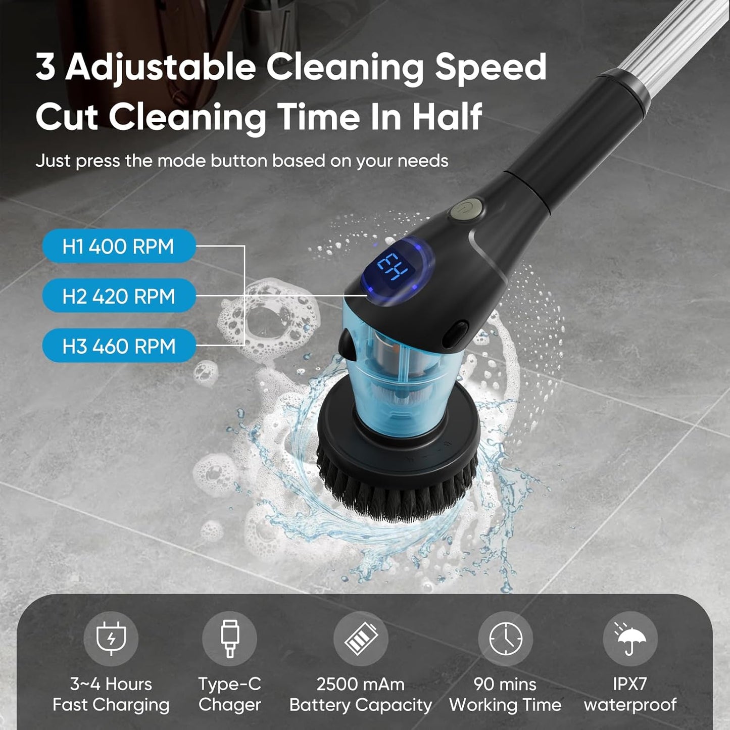 Electric Spin Scrubber, Asknoon Upgraded Power Cordless Shower Scrubber, 8 Replacement Heads, Adjustable Bathroom