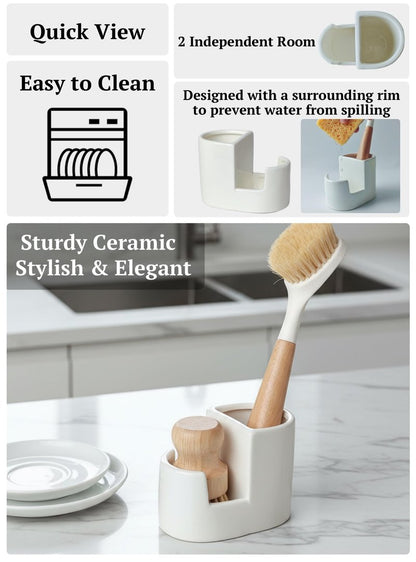 Ceramic Sponge Holder for Kitchen Sink, 2-in-1 Sponge & Brush Organizer, Compact Countertop Sink Caddy with Raised Edge to Catch Drips, Keeps Countertops Dry, Dishwasher Safe, Rustproof, White