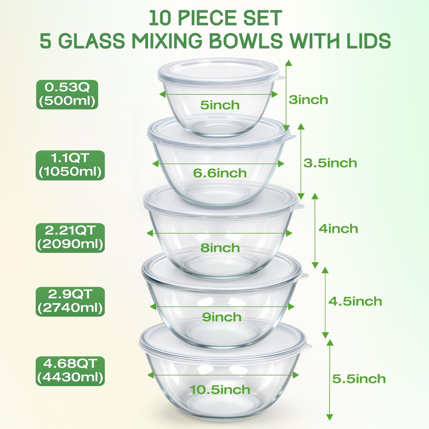 Glass Mixing Bowls with Lids Set(4.7QT, 2.9QT, 2.2QT, 1.1QT, 0.53QT), 5 Packs Thick Glass Bowls Set, Large Nesting Bowls for Kitchen Baking, Prepping, Cooking, Dishwasher, Oven, Microwave Safe