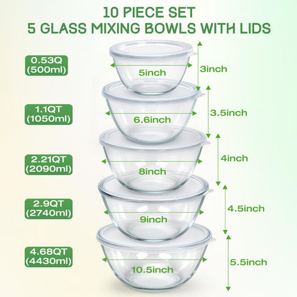 Glass Mixing Bowls with Lids Set(4.7QT, 2.9QT, 2.2QT, 1.1QT, 0.53QT), 5 Packs Thick Glass Bowls Set, Large Nesting Bowls for Kitchen Baking, Prepping, Cooking, Dishwasher, Oven, Microwave Safe