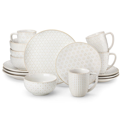 MALACASA 16 Pieces Dinnerware Sets, Modern Relief Design Plates and Bowls Sets, White Dish Set for 4, Kitchen Ceramic Dinner Plates Dishware Set, Microwave and Dishwasher Safe, Series LYDIA