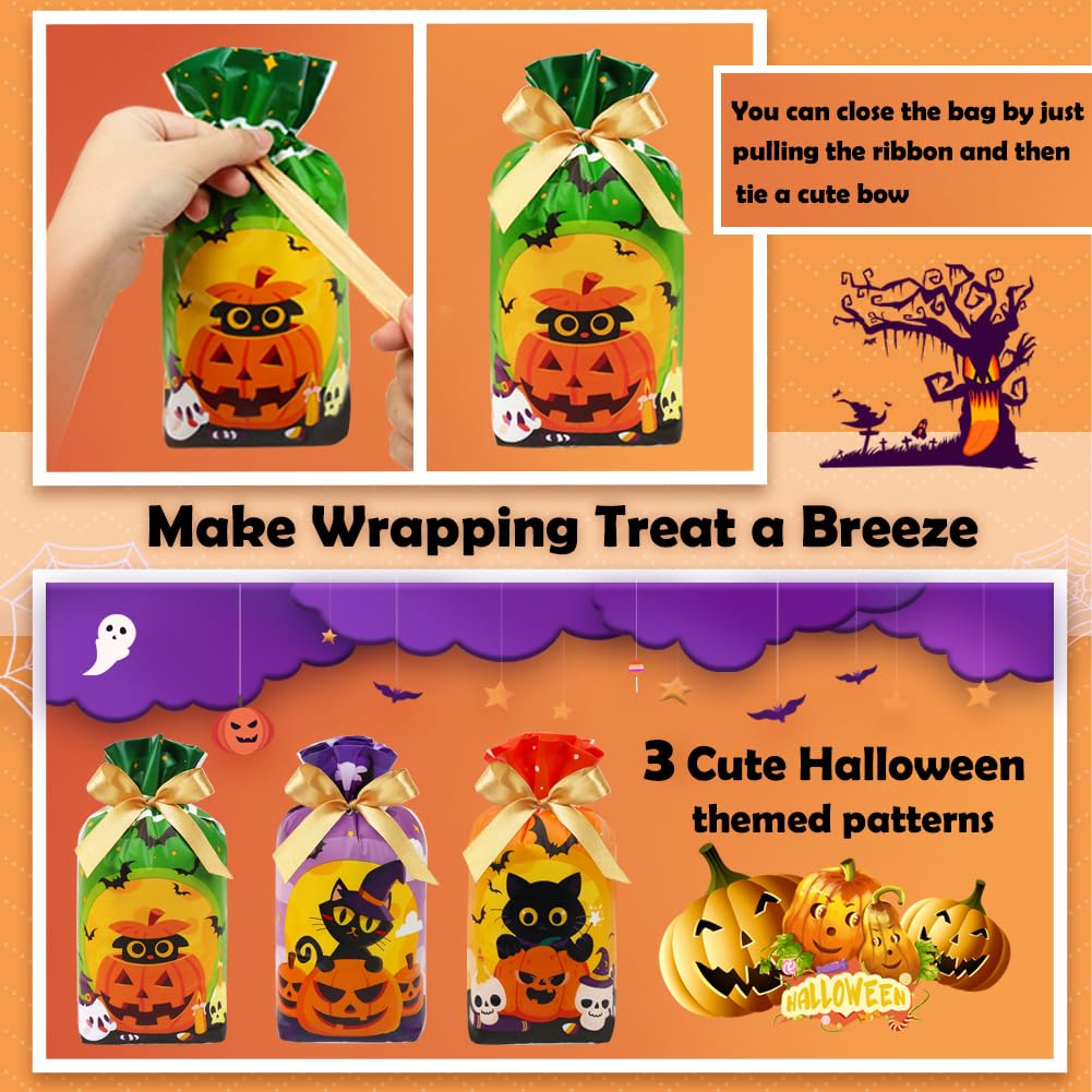 HRX Package 50pcs Halloween Treat Bags, 5.8x9x2.4 inch Drawstring Candy Goodie Bags for Trick or Treat