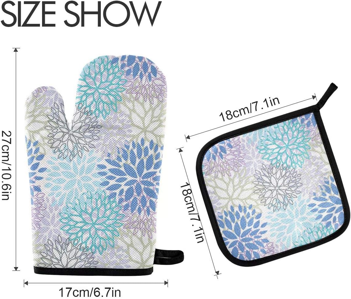 Dahlia Flower Oven Mitts and Pot Holders Set, Heat Resistant Non-Slip Daisy Sunflower Oven Gloves for Cooking Baking BBQ