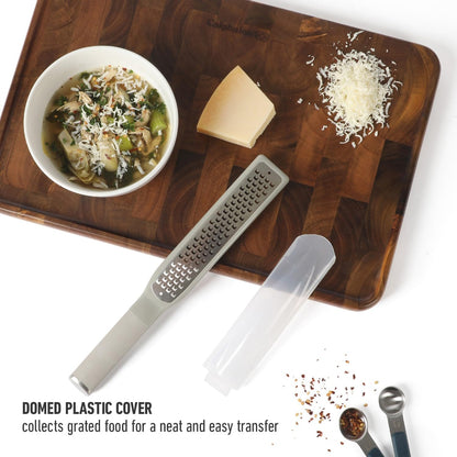 Calphalon Edge Stainless Steel Handheld Grater Lemon Zester W/Cover & Rubber Handle - Taupe