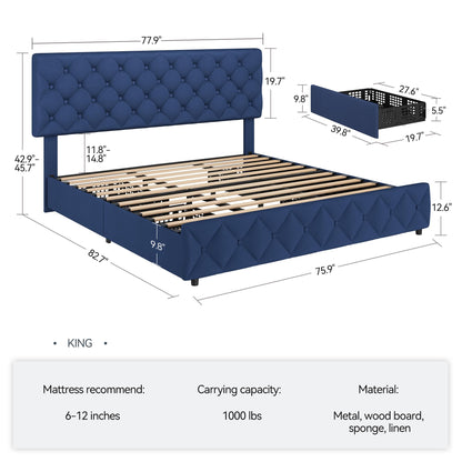 King Size Bed Frame with 4 Storage Drawers, Linen Upholstered Platform Bed Frame with Headboard and Footboard, Wooden Slats Support, Diamond Stitched Button Tufted, No Box Spring Needed, Blue
