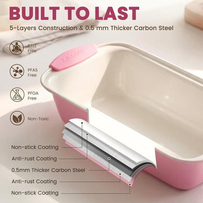 Kikcoin Nonstick Baking Pans Set - 22 PCS Stackable Bakeware with Silicone Handles | 450°F Oven Safe, Pink
