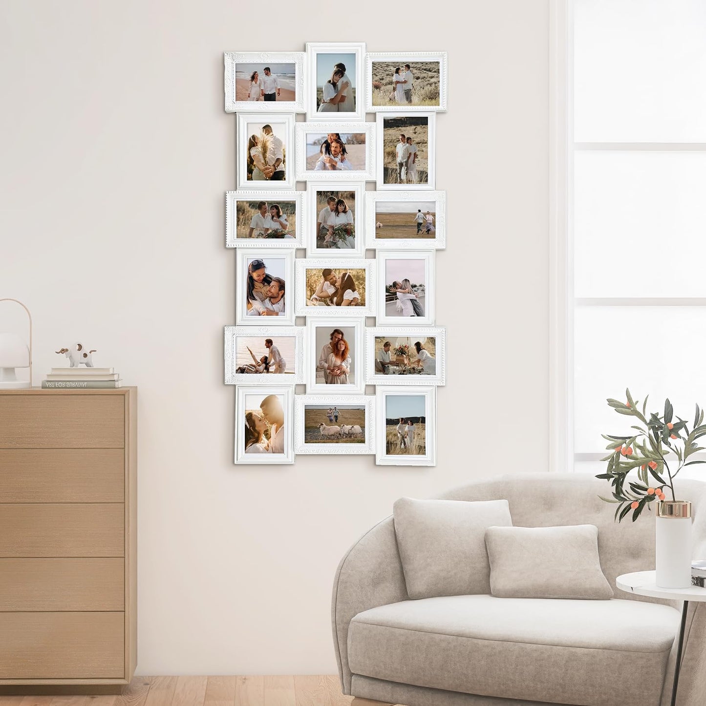 J.M.Deco Collage Picture Frames for Wall Decor, 18-Opening Reunion Family Friends Picture Frame Set, 4x6 Photo Frames Collage for Living Room BedroomWhite